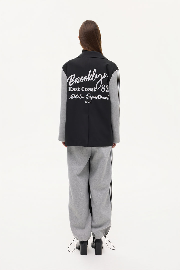 Şerit Detaylı Garnili Oversize Blazer Ceket Siyah