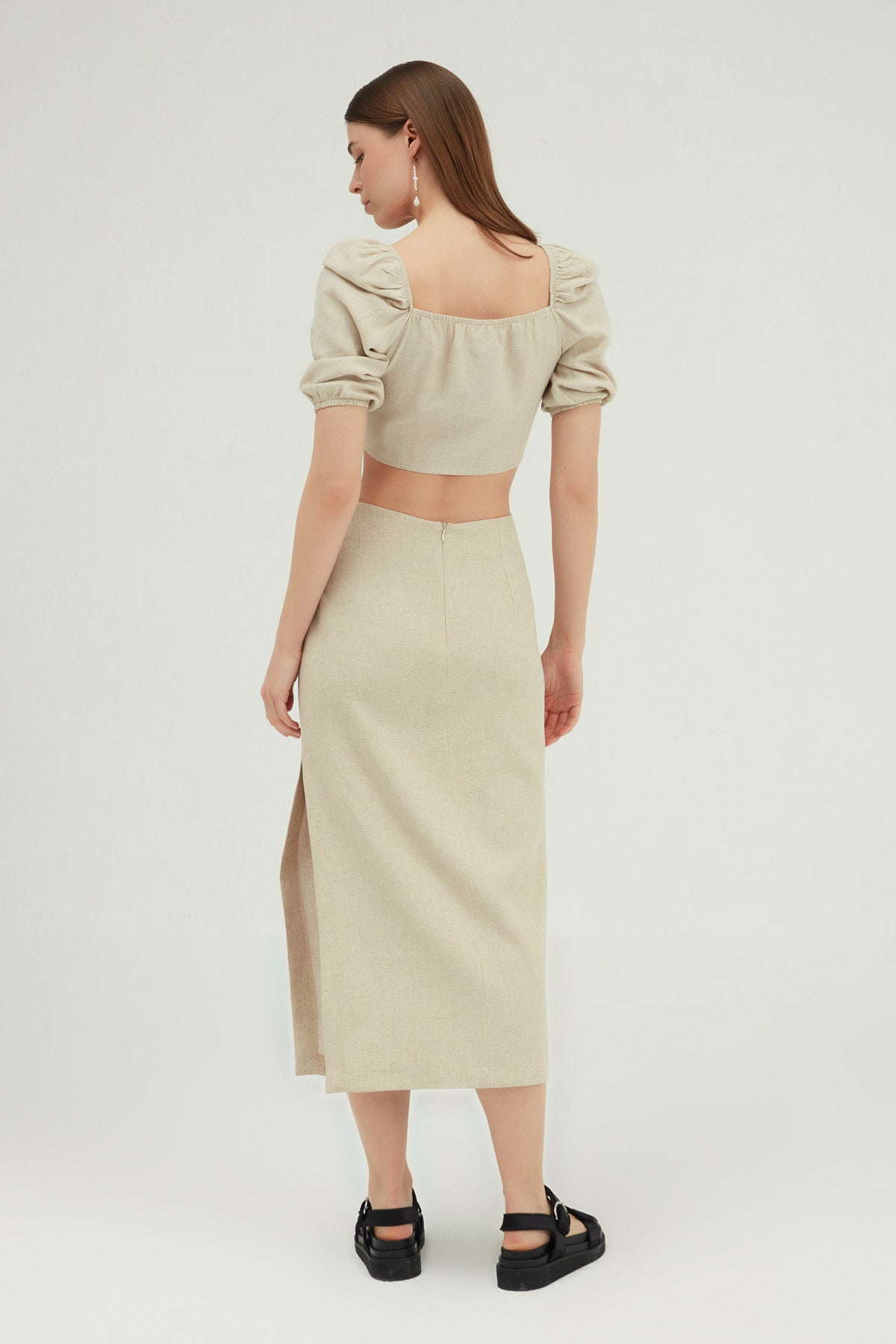 Slit Linen Midi Skirt Natural