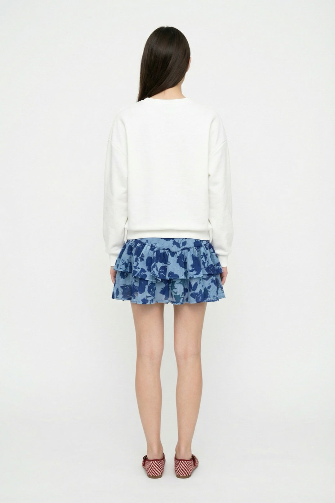 Çiçek Desenli Volanlı Mini Etek Mavi