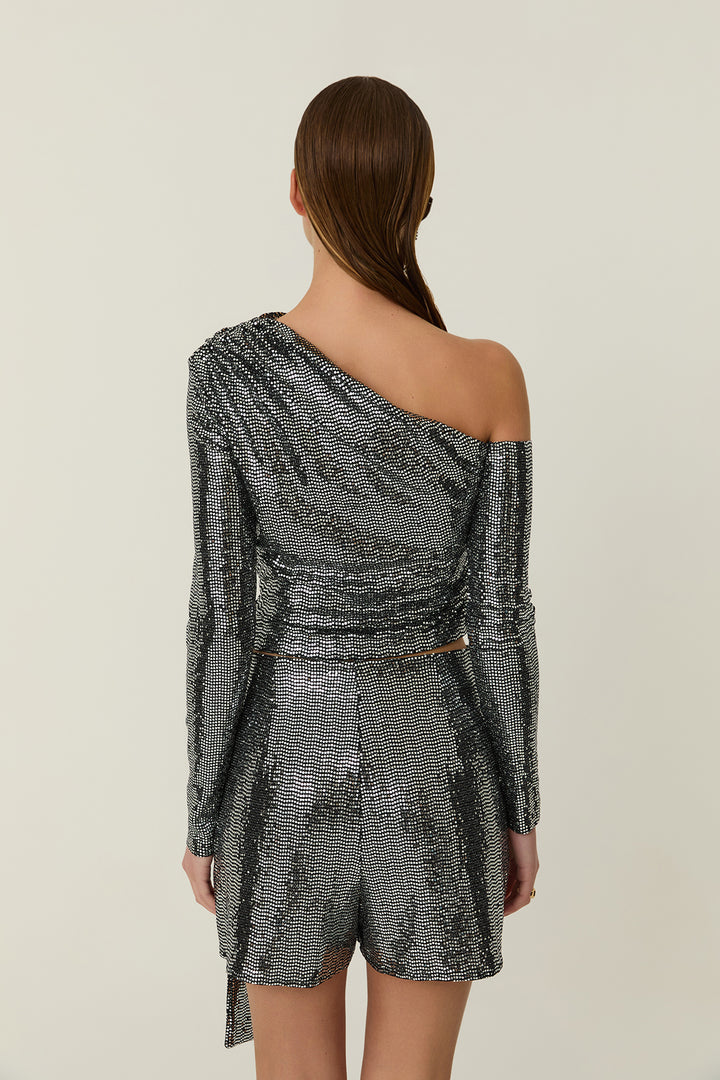 Parıltılı Düşük Omuz Bluz Gümüş