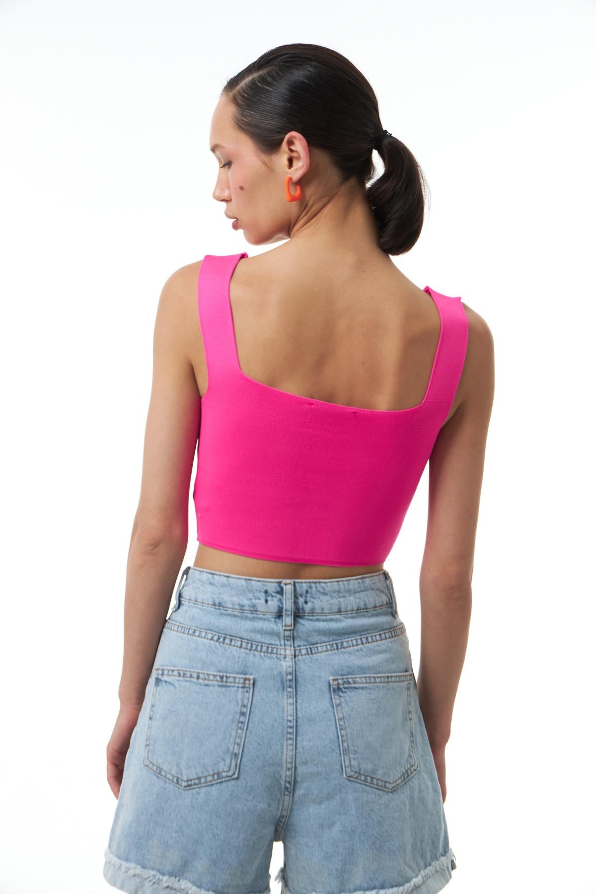 Askılı Crop Triko Neon Pembe