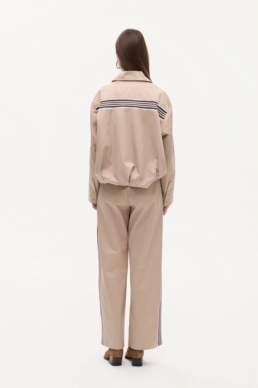 Sırtı Şeritli Gömlek Yaka Oversize Bomber Ceket Bej