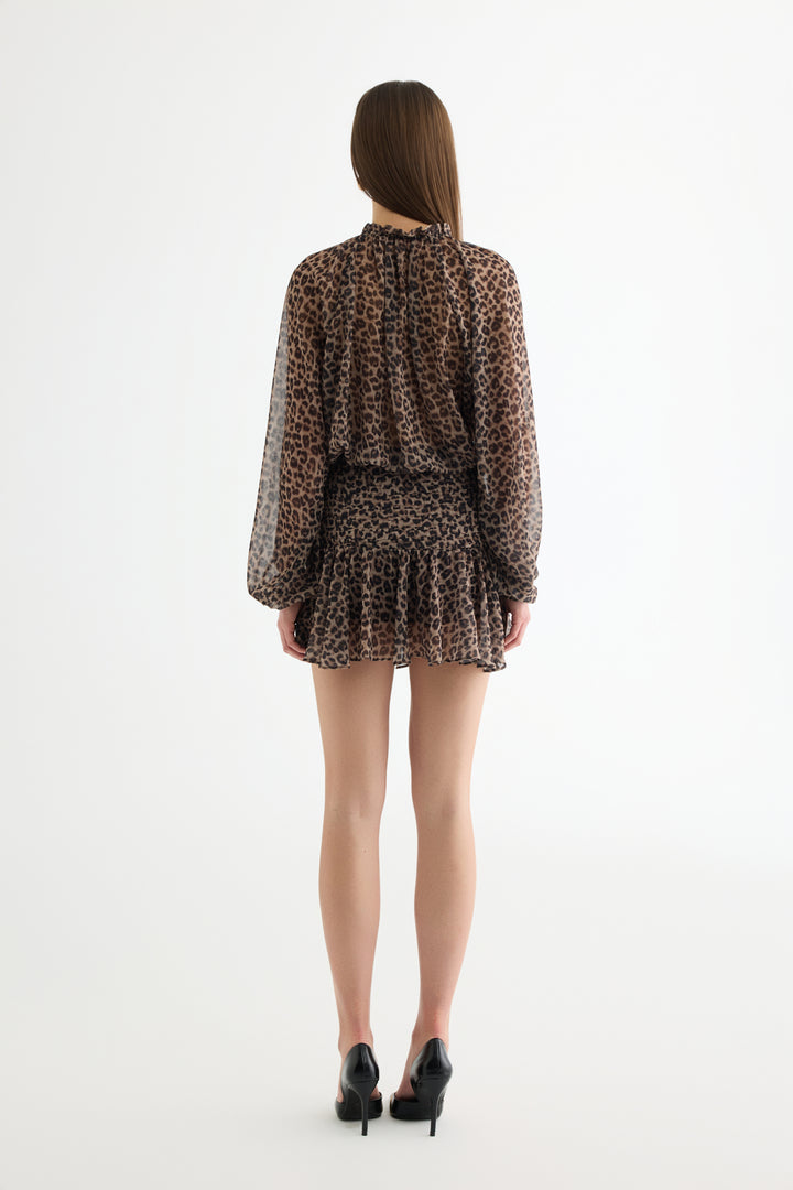 Leopar Desenli Bağcıklı Şifon Bluz Kahverengi