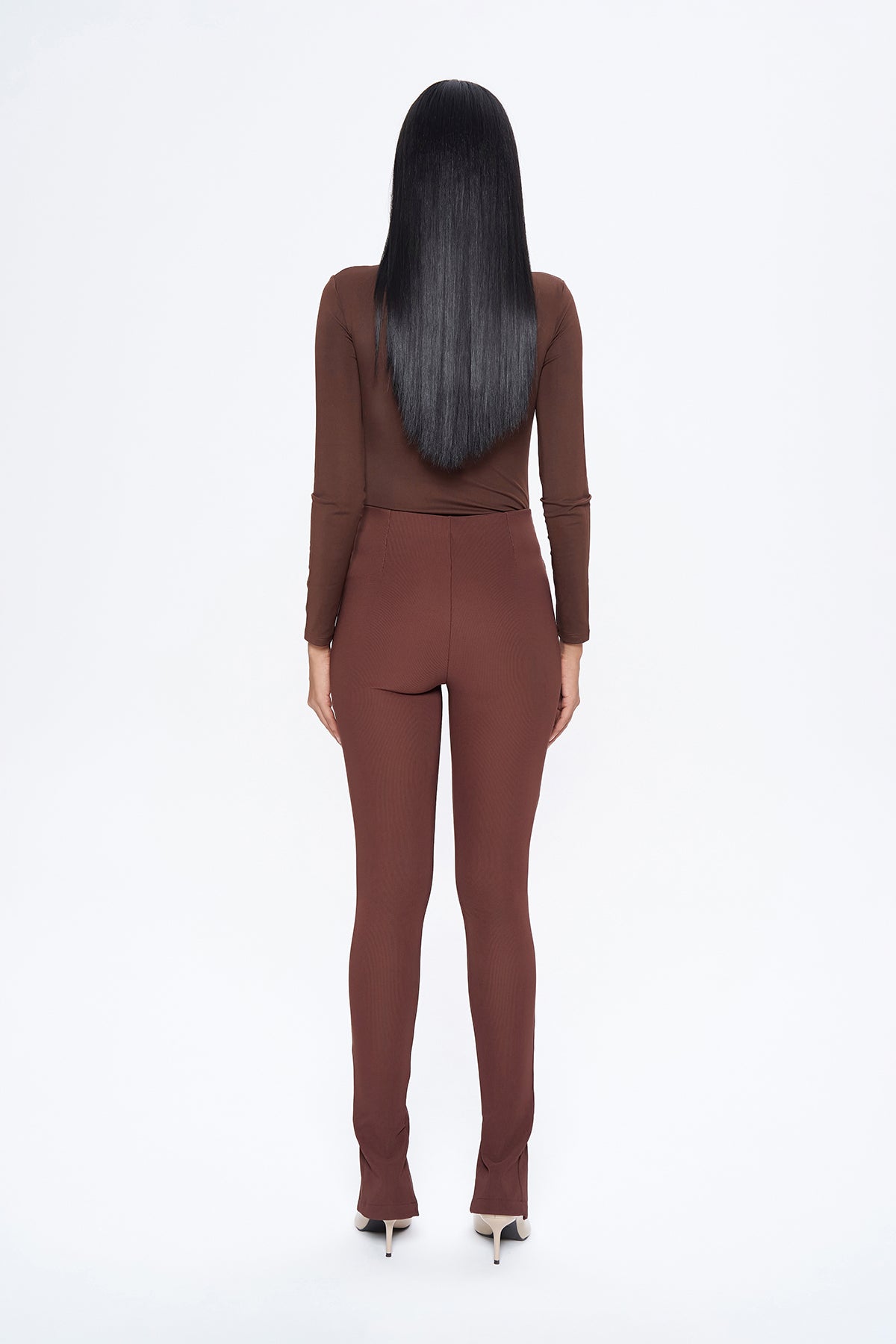 Elastic Waist Slit Trousers Brown