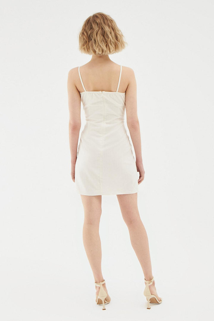 Askılı Balenli Mini Elbise Naturel