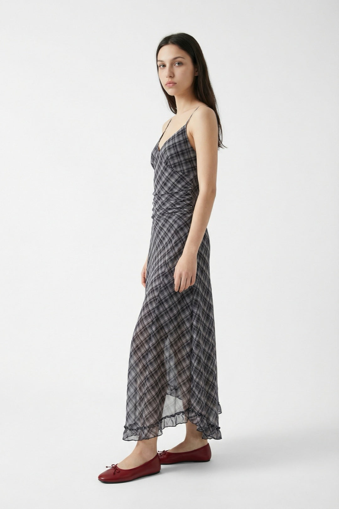 Asimetrik Drapeli Ekose Midi Elbise Siyah