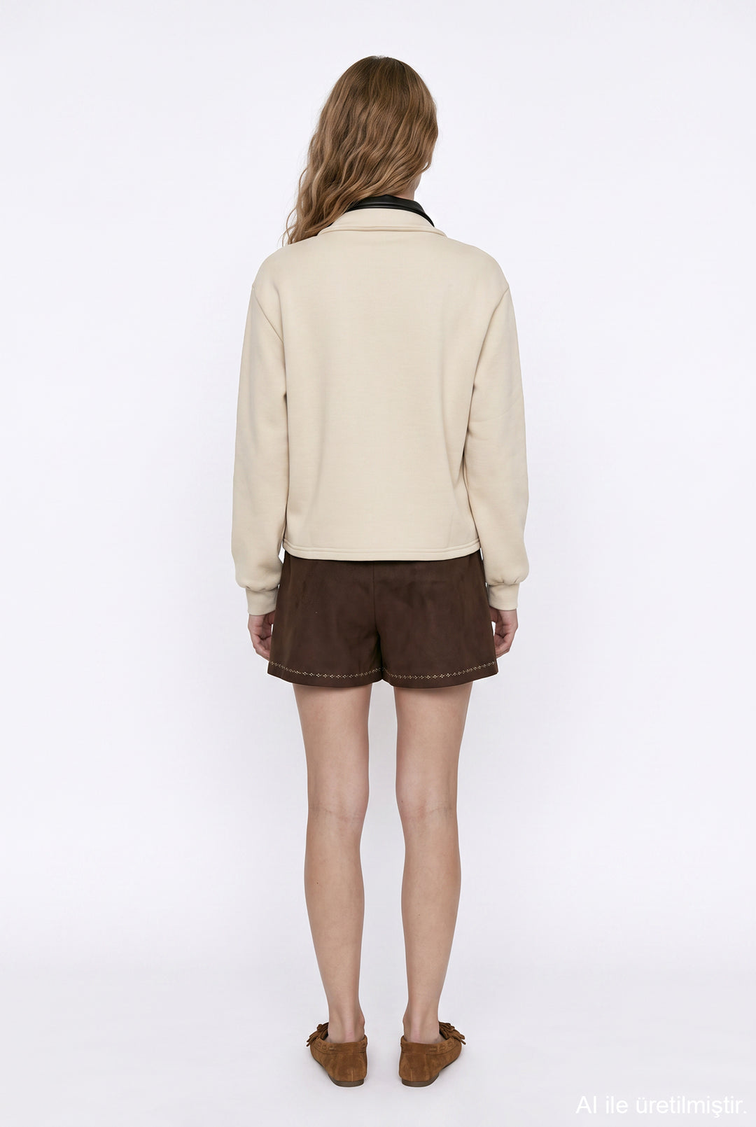 Polo Yaka Yazı Nakışlı Oversize Sweatshirt Bej