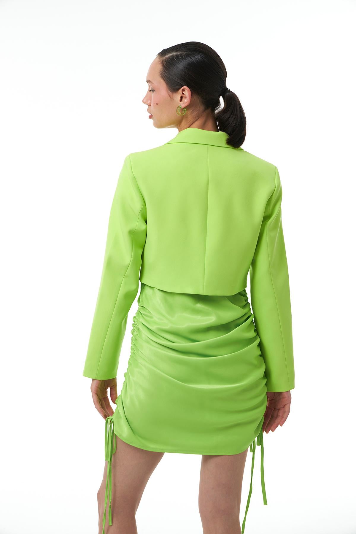 Kruvaze Crop Blazer Ceket Neon Yeşil
