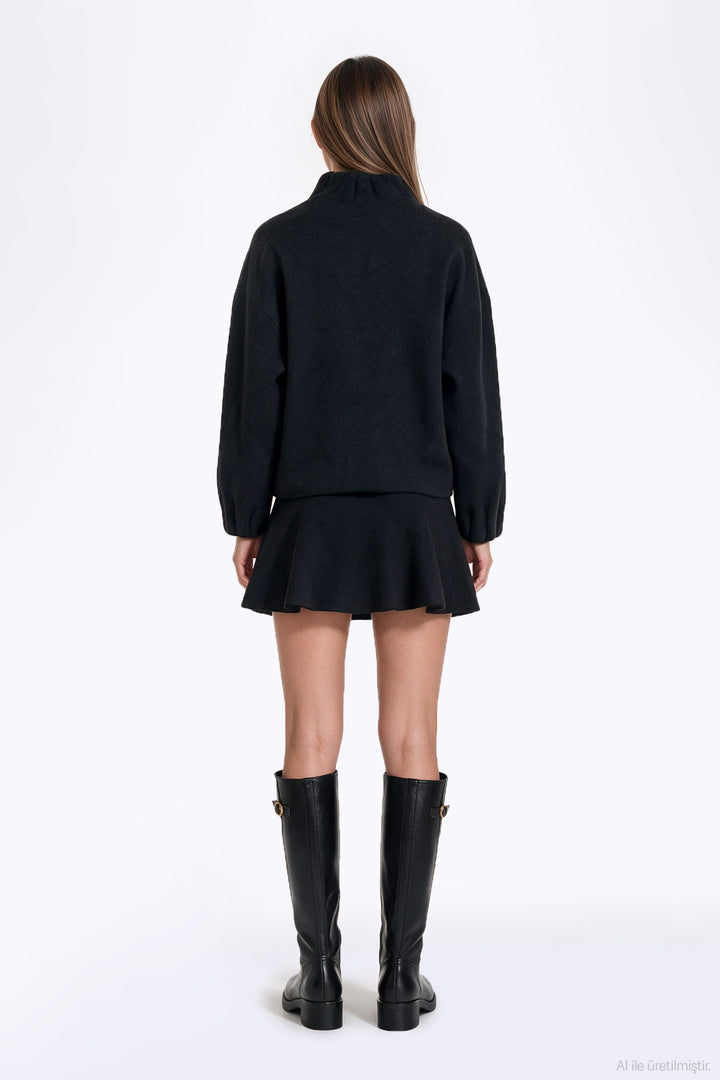 Dik Yaka Oversize Triko Hırka Siyah