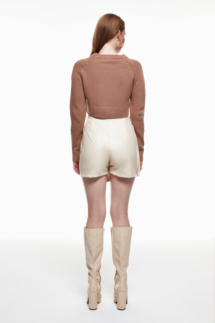 Wrap Leather Mini Shorts Skirt Stone