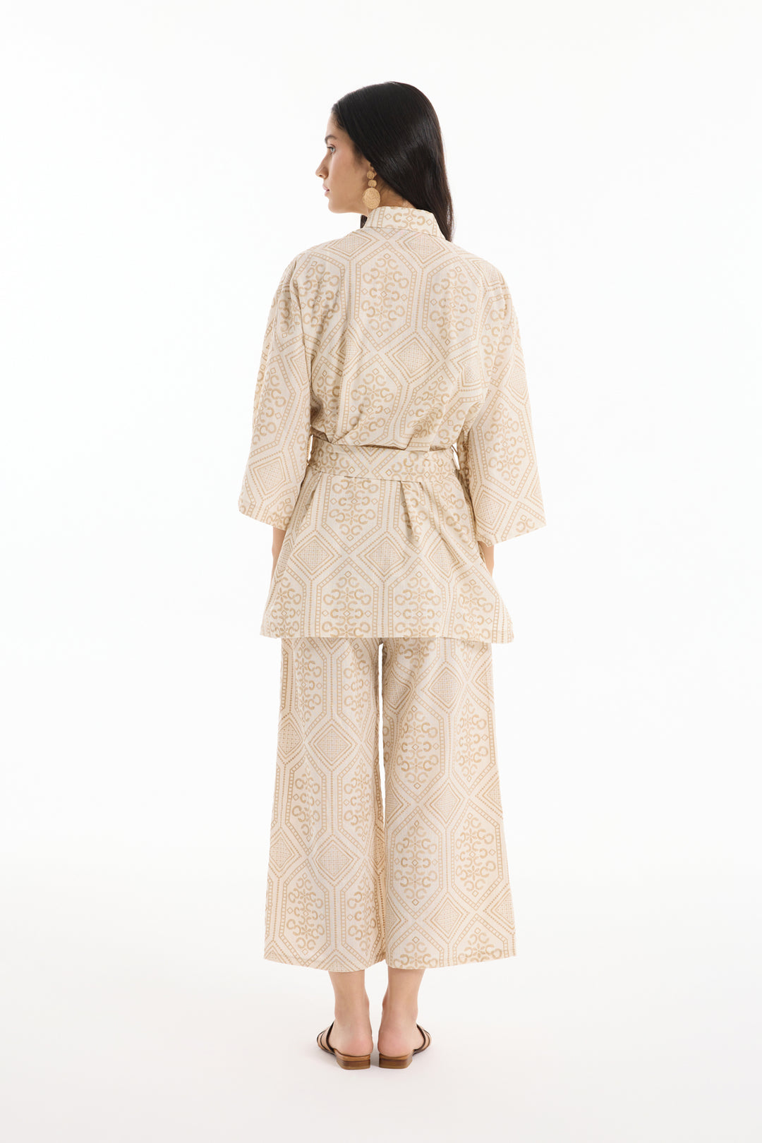 Etnik Desenli Bağlamalı Kısa Kimono Naturel