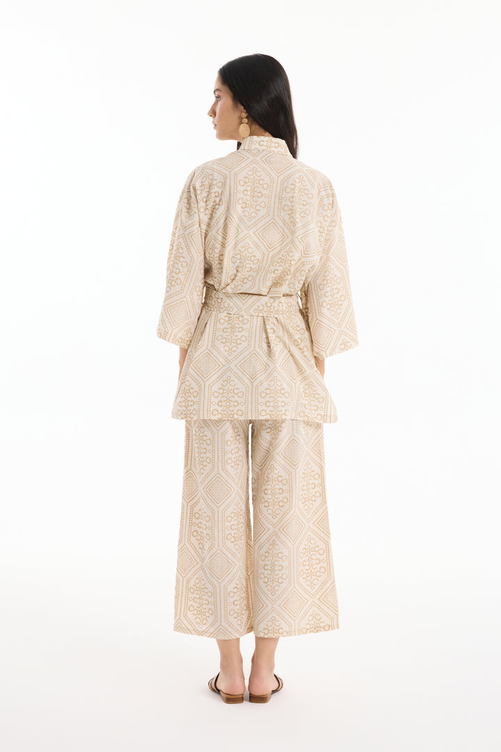 Etnik Desenli Bağlamalı Kısa Kimono Naturel