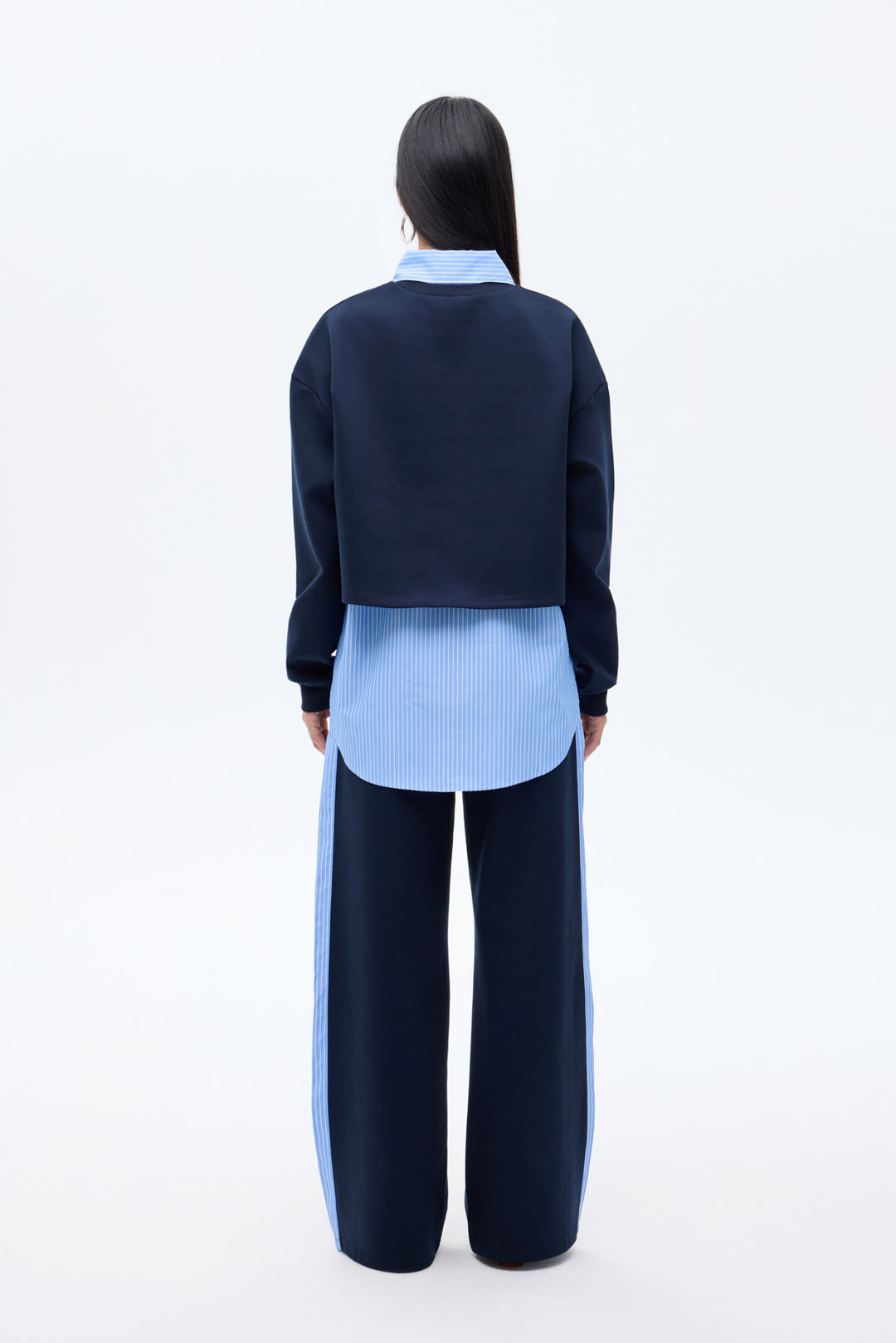 Çizgili Gömlek Garnili Yazı Baskılı Oversize Sweatshirt Mavi