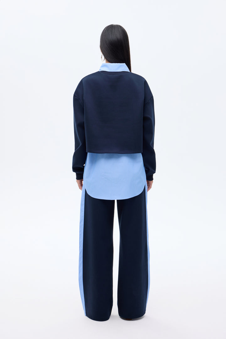 Çizgili Gömlek Garnili Yazı Baskılı Oversize Sweatshirt Mavi