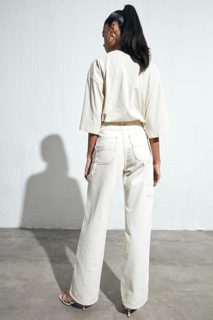 Wide Leg Cargo Jeans Stone