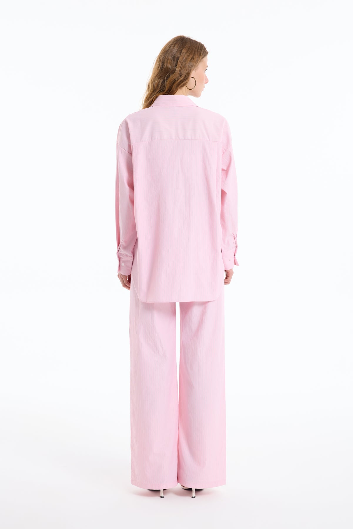Beli Lastikli İnce Çizgili Geniş Paça Pantolon Pembe