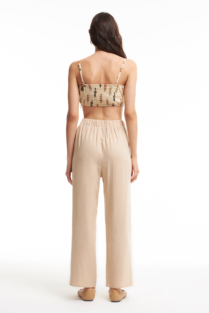 Slit Detailed Linen Trousers Beige