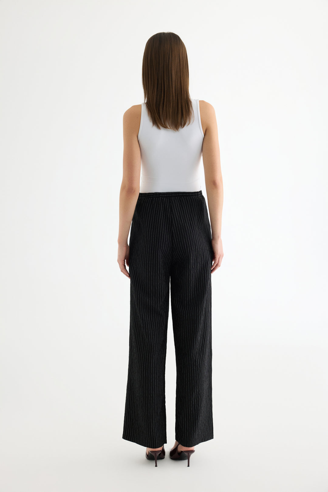 Çizgili Bağcıklı Bol Paça Pantolon Siyah