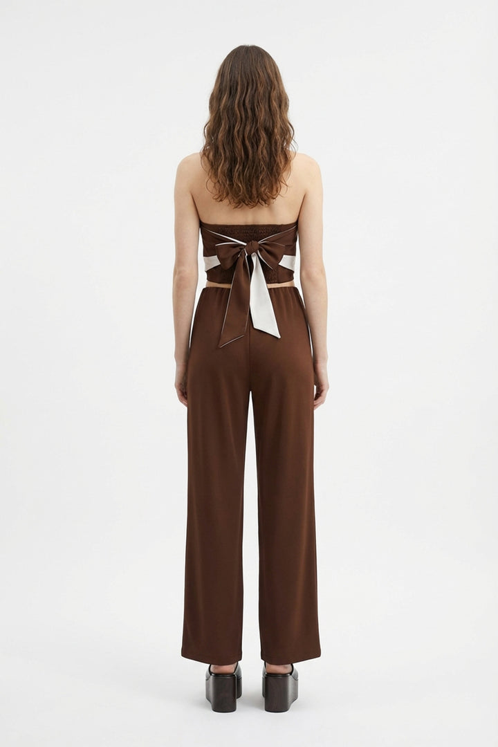 Kontrast Yan Şeritli Bol Paça Pantolon Kahverengi