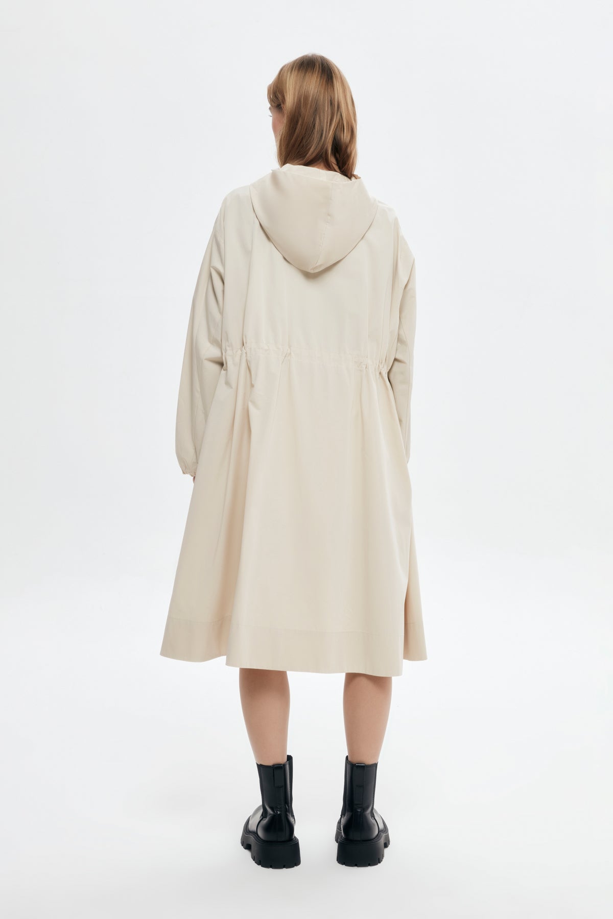 Technical Fabric Hooded Long Trench Coat Beige