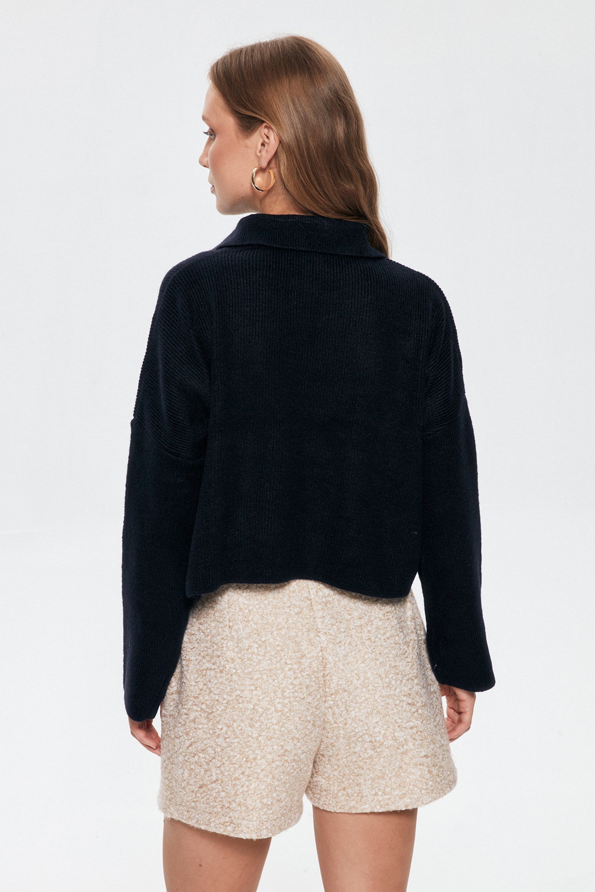 Shirt Collar Crop Sweater Navy Blue