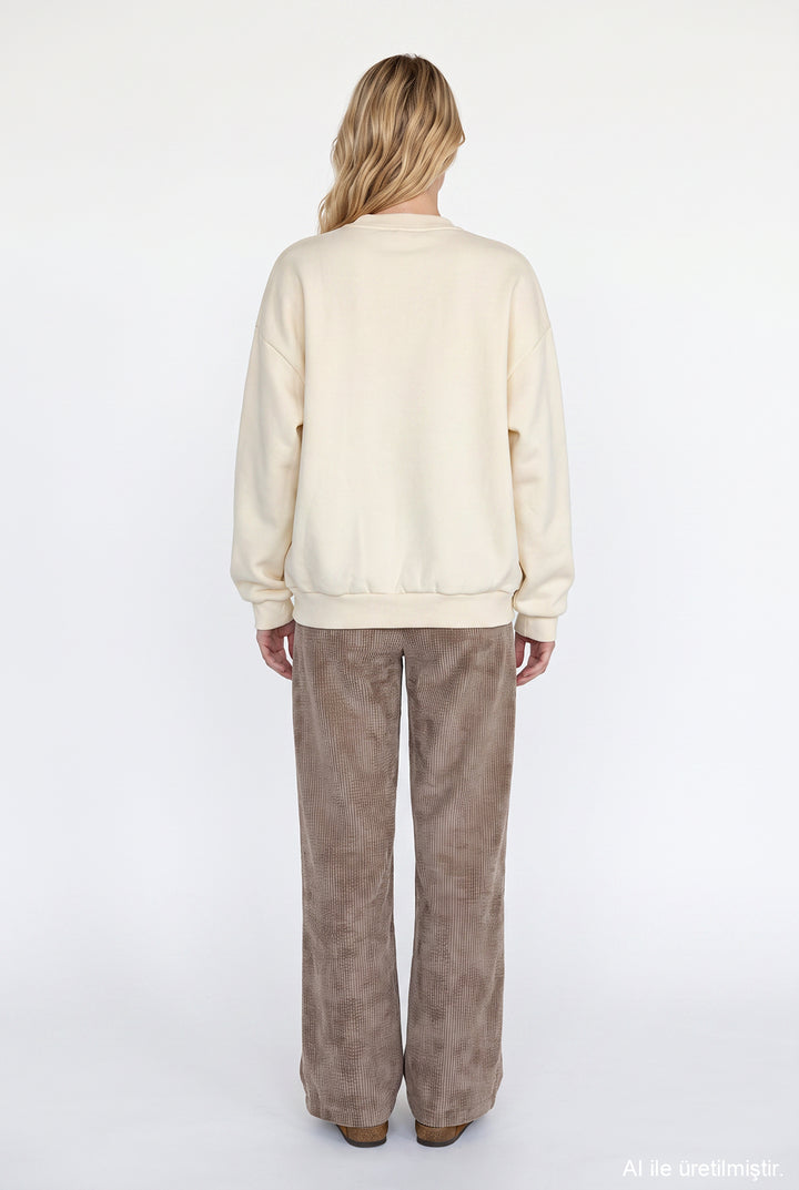 Grafik Baskılı Oversize Sweatshirt Bej