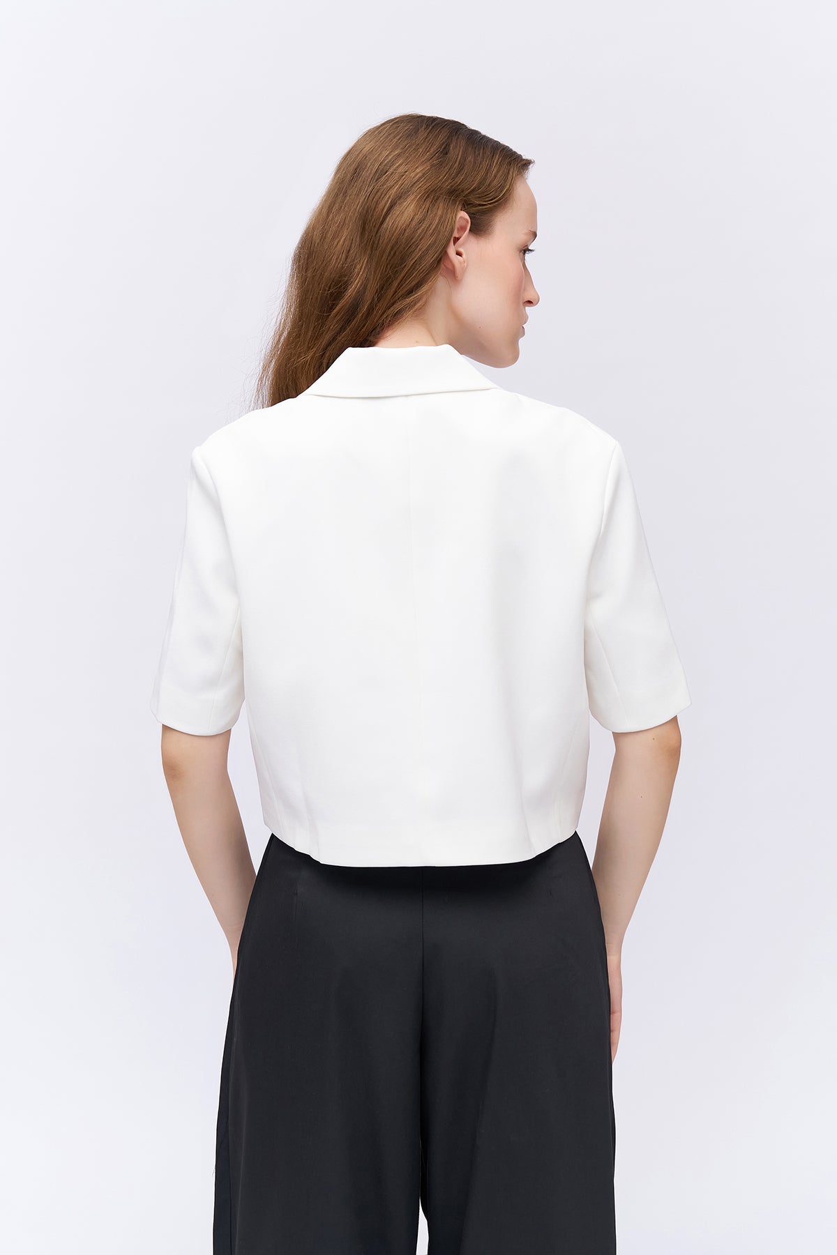 Short Sleeve Crop Blazer Jacket Ecru