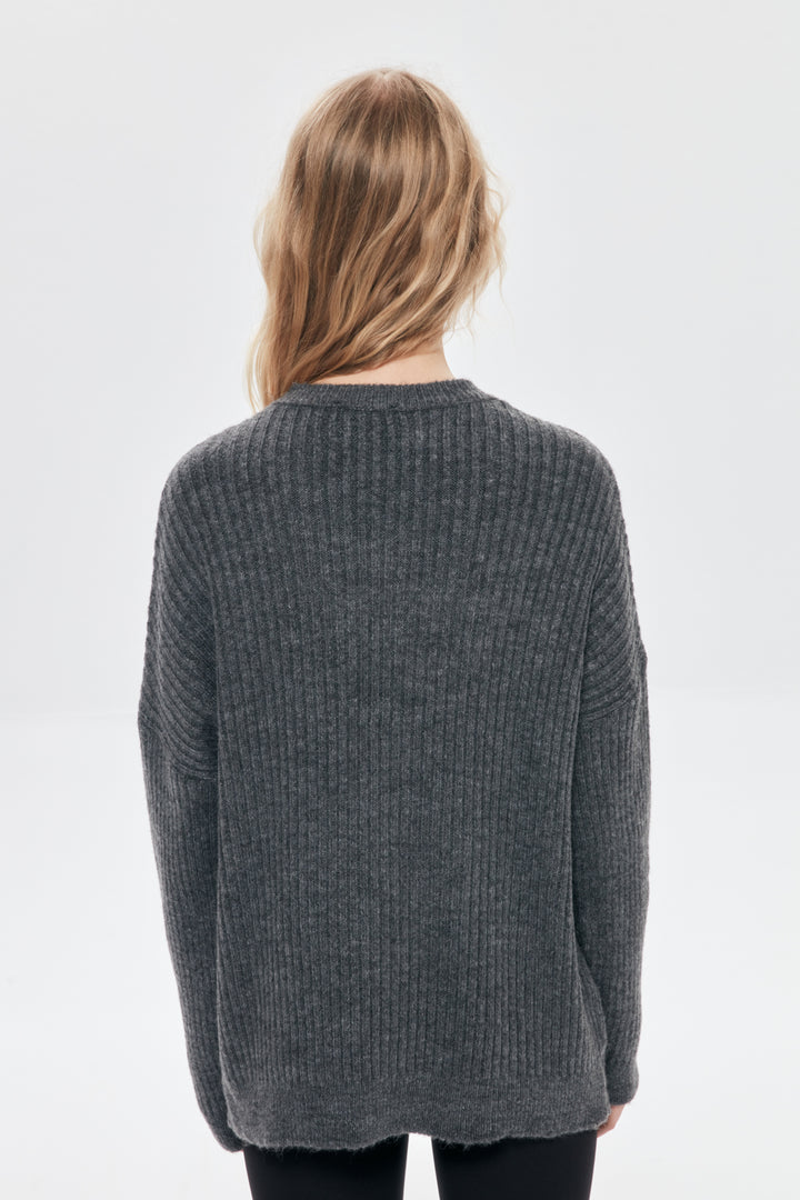 Bisiklet Yaka Oversize Kazak Gri