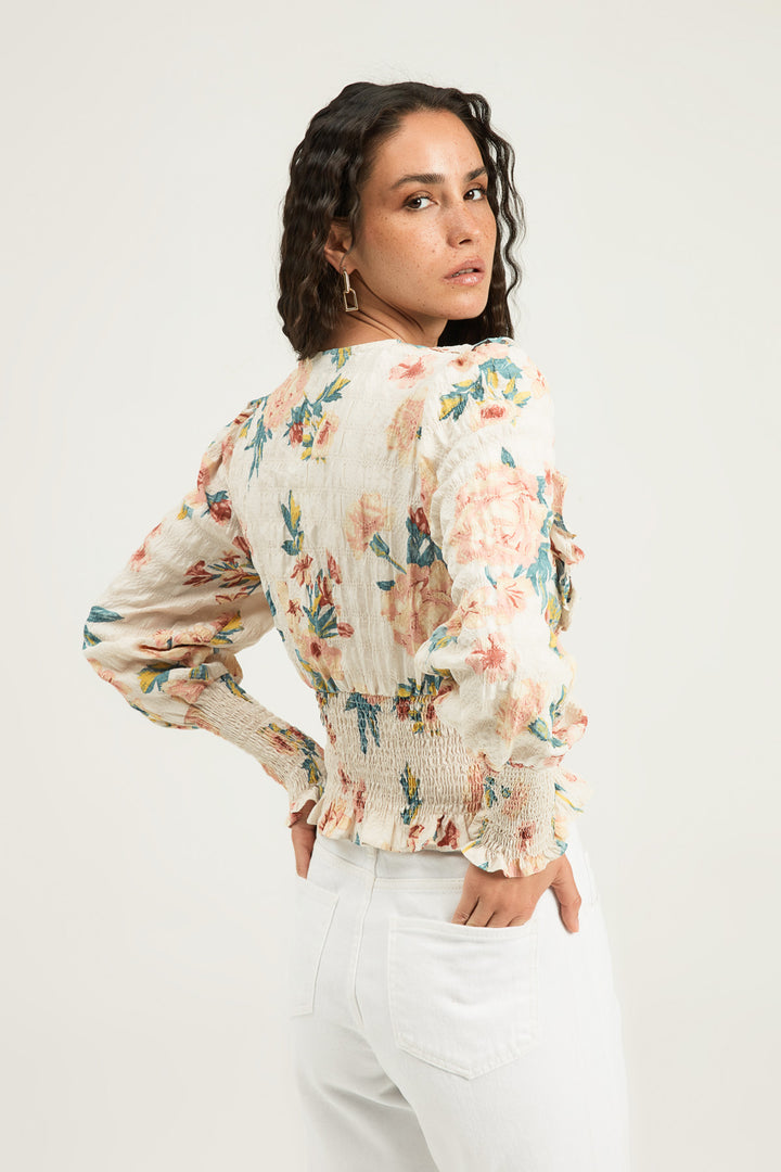 Floral Frilled Double Breasted Blouse Ecru
