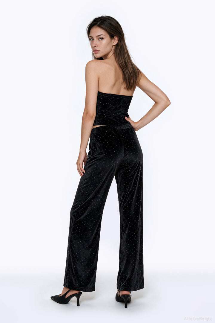 Taşlı Kadife Straplez Crop Bluz Siyah