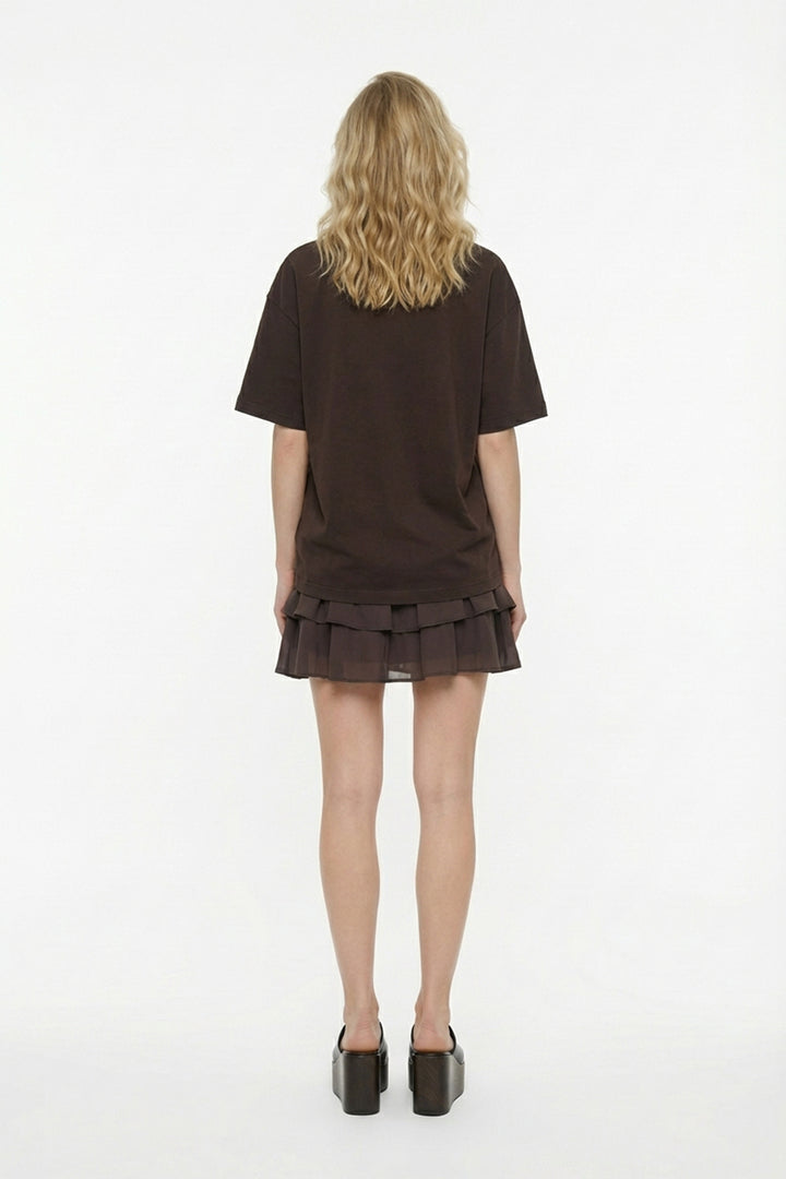 Pul İşlemeli Baskılı Oversize Tişört Kahverengi