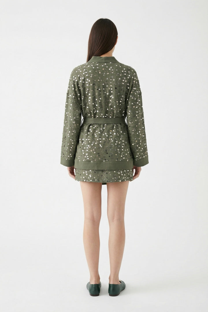 Pul İşlemeli Anvelop Mini Etek Haki