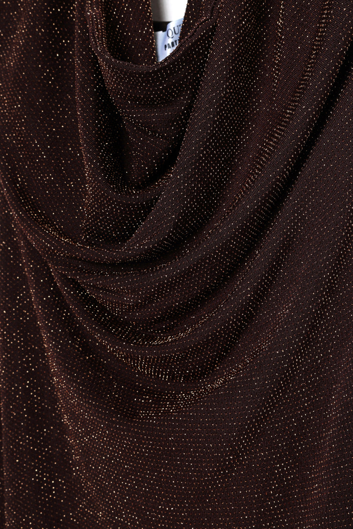 Simli Drape Yaka Midi Elbise Kahverengi