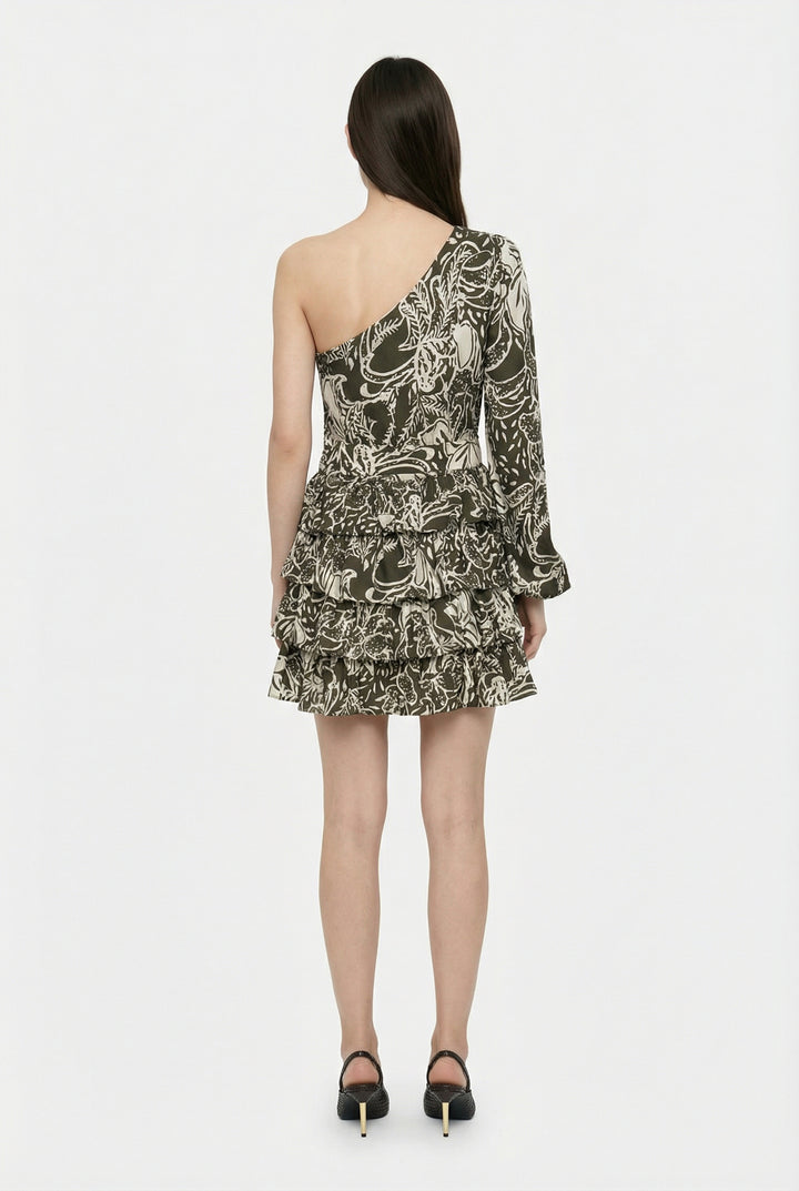Tek Omuz Desenli Fırfırlı Mini Elbise Haki