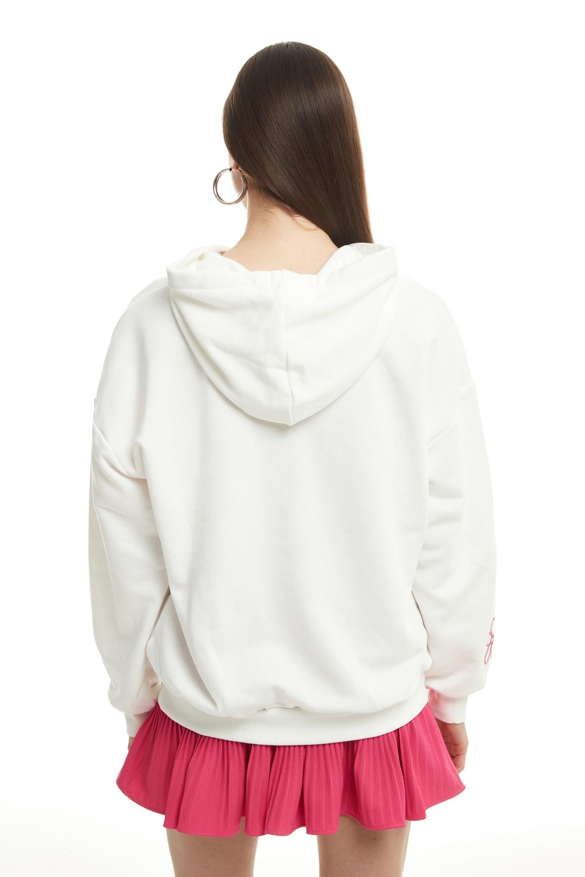 Print Detailed Hoodie Sweatshirt Ecru