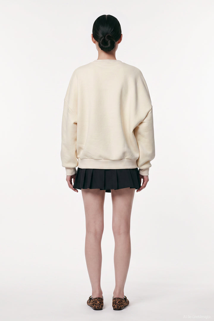 Yazı ve Leopar Baskılı Oversize Sweatshirt Bej