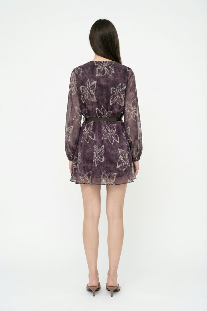 Çiçek Desenli Kemerli Şifon Mini Elbise Kahverengi