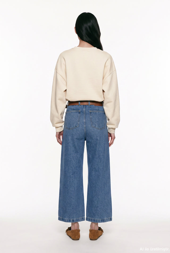 Chill Nakışlı V Yaka Oversize Sweatshirt Bej