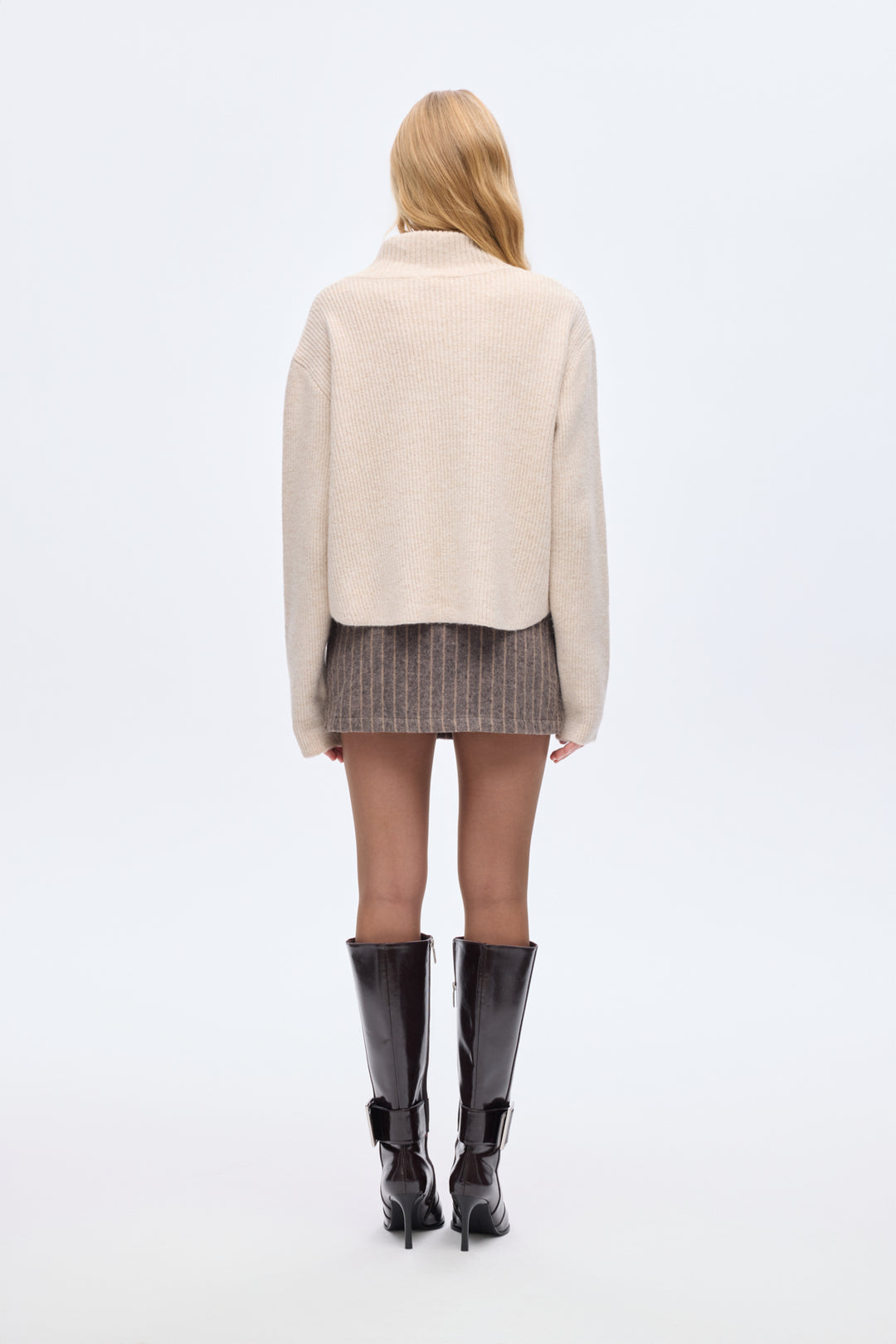 Asimetrik Fermuarlı Triko Kazak Taş