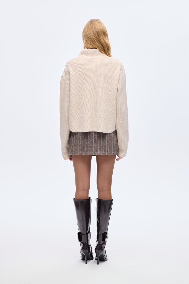 Asimetrik Fermuarlı Triko Kazak Taş