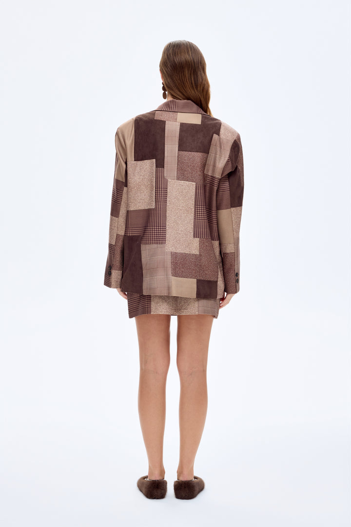 Patchwork Kruvaze Blazer Ceket Kahverengi