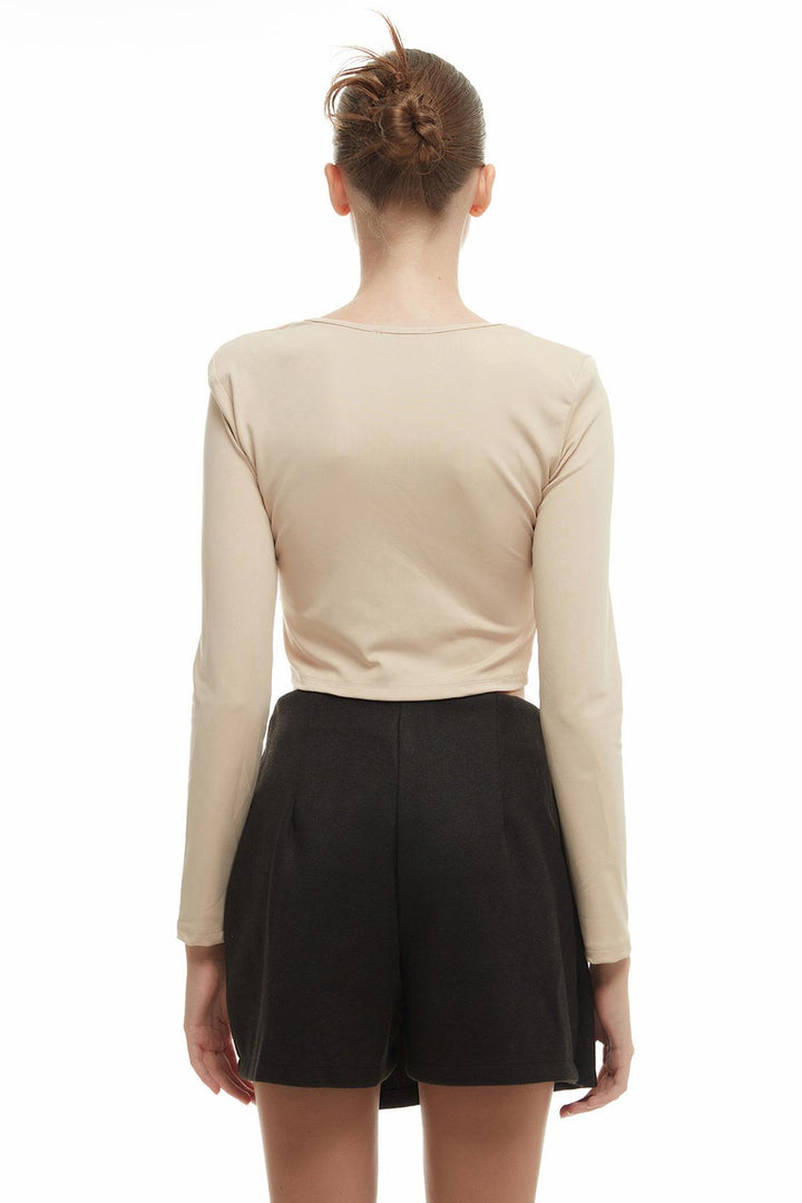 Ring Detailed Crop Blouse Beige