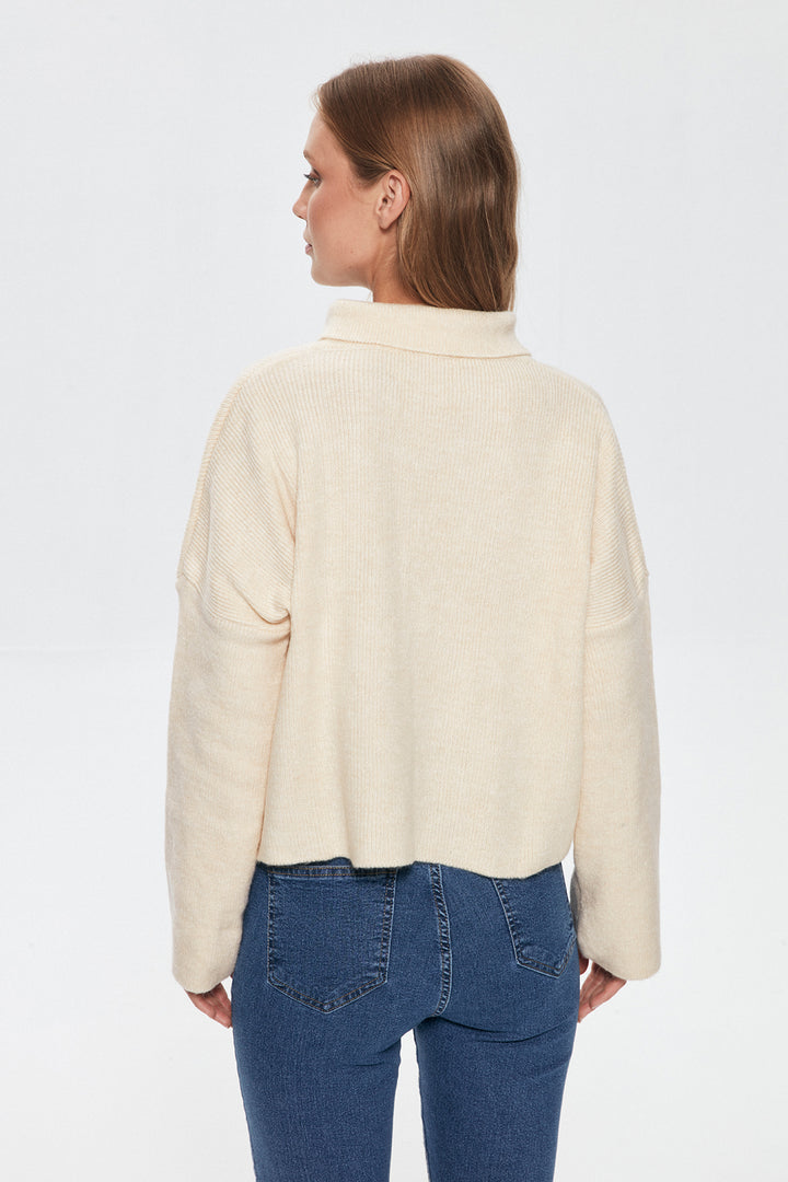 Shirt Collar Crop Sweater Cream