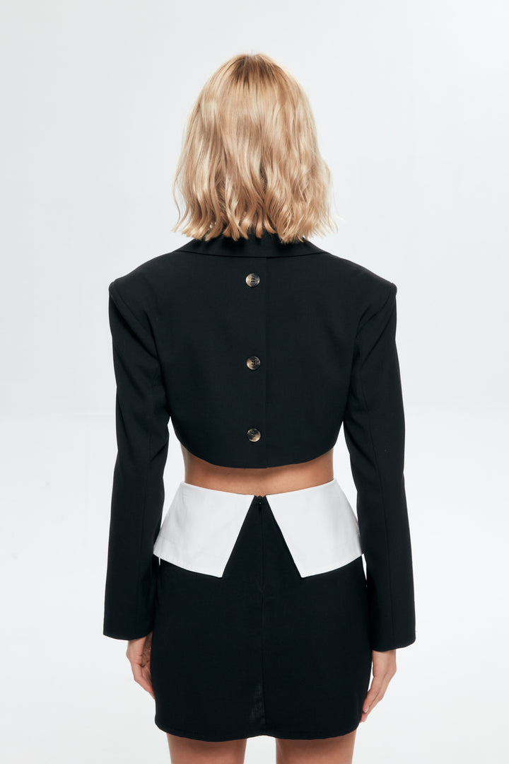 Asymmetrical Buttoned Crop Blazer Jacket Black