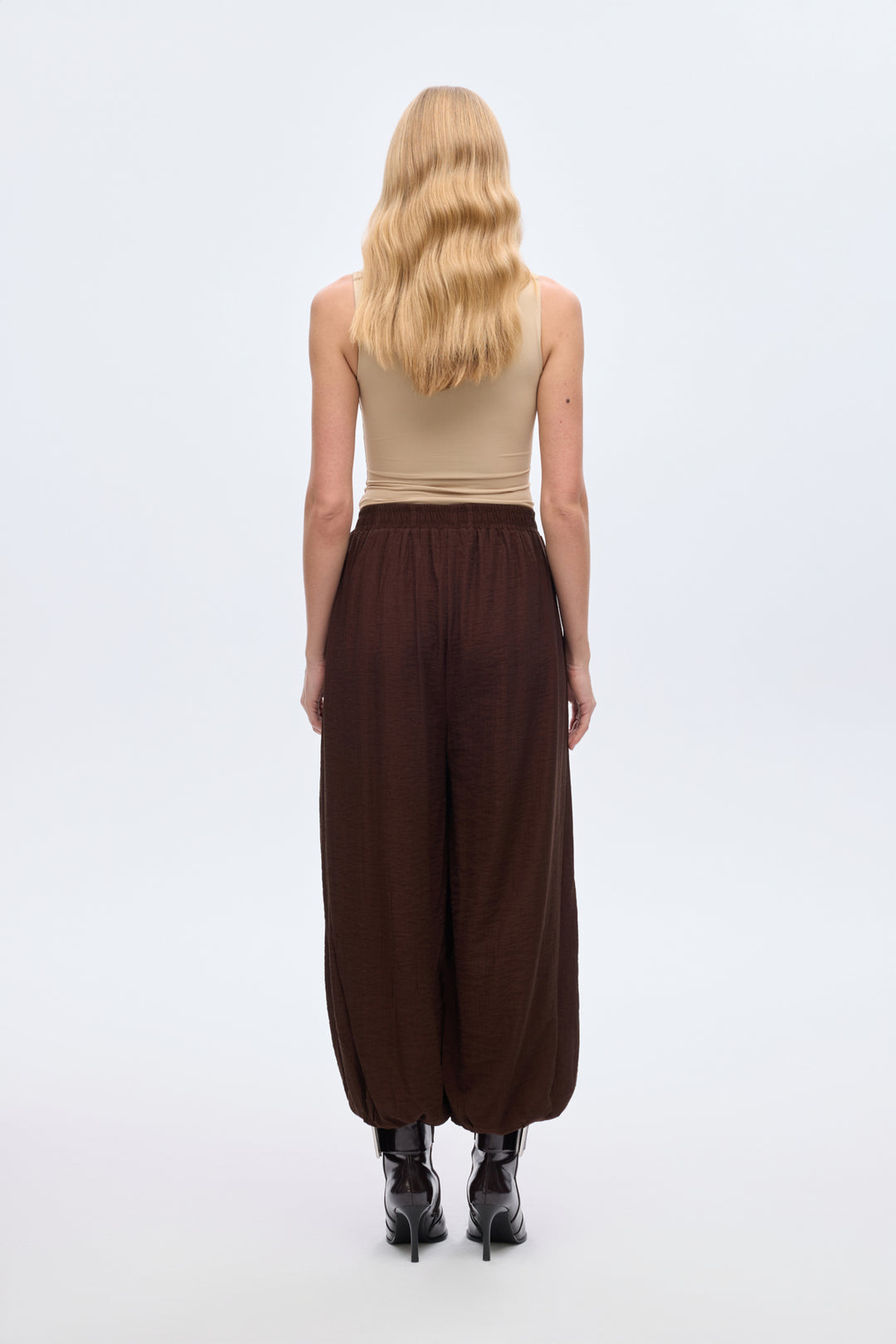 Beli Lastikli Pileli Şalvar Pantolon Kahverengi