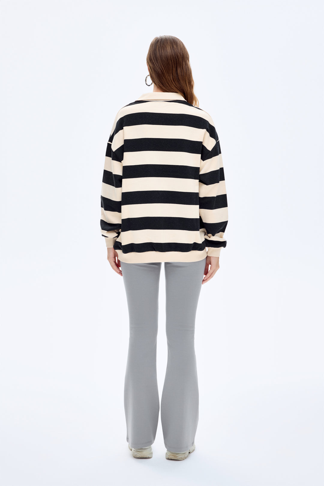Polo Yaka Çizgili Oversize Sweatshirt Bej