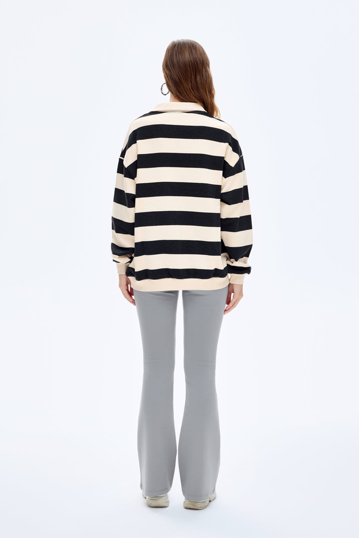 Polo Yaka Çizgili Oversize Sweatshirt Bej