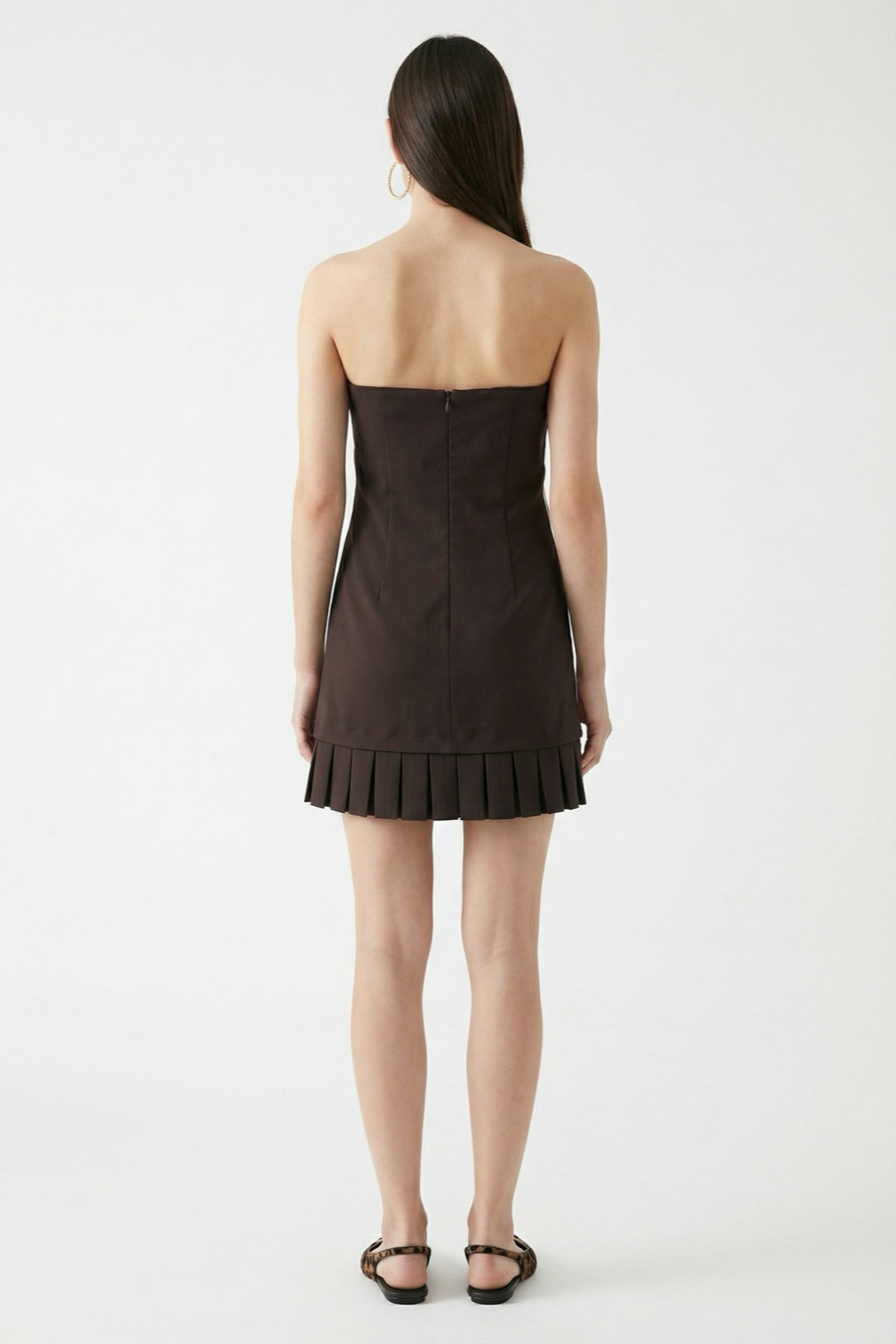 Straplez Drapeli Pileli Mini Elbise Kahverengi