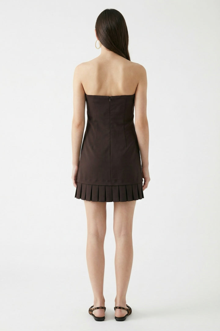 Straplez Drapeli Pileli Mini Elbise Kahverengi