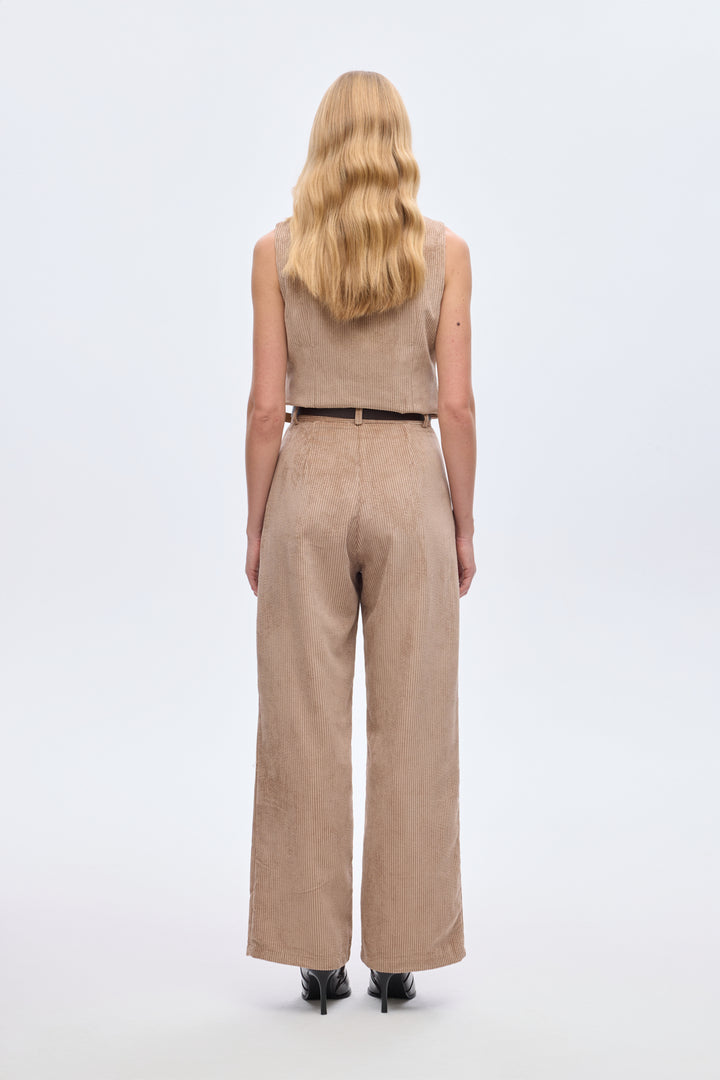 Kemerli Fitilli Kadife Bol Paça Pantolon Camel